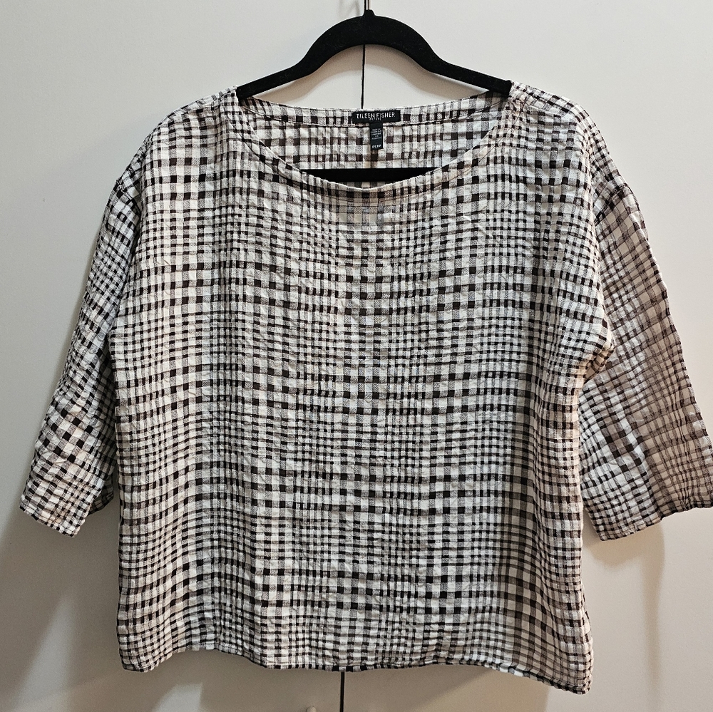 Eileen Fisher Black and White Checkered Blouse